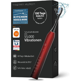 Електрична зубна щітка Tristan Auron – 55 000 вібрацій, 5 режимів, 60 днів роботи від акумулятора, компактна та тиха, 2 насадки, для бережного очищення зубів (червона)