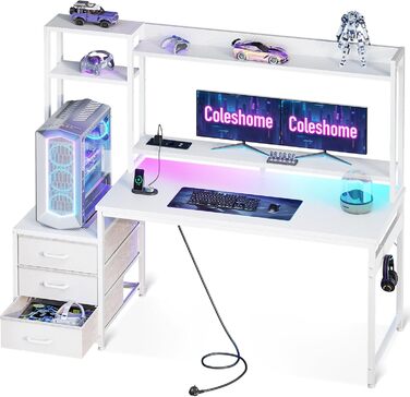 Ігровий стіл Coleshome з полицею та шухлядами, 137x48 см. Стіл для геймінгу з LED-підсвічуванням, розеткою, місцями для зберігання та підставкою для монітора. Колір: карбонове волокно.