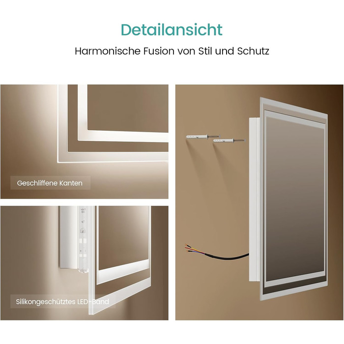 Дзеркало для ванної кімнати EMKE з підсвічуванням 40x60 см LED, антизапарник, холодний/теплий білий, з кнопкою, алюмінієва рама, IP44, енергозберігаюче