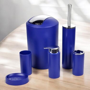 Набір аксесуарів для ванної кімнати 6tlg Badset: мильниця, стакан для зубних щіток, відро для косметики, щітка для унітазу з тримачем, мильниця, сміттєвий бак, тримач для зубних щіток, повна ванна кімнатна комплектація (темно-синій дизайн 2a)