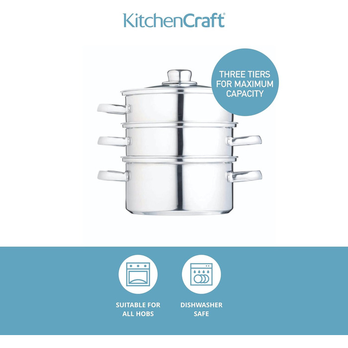 Набір каструль KitchenCraft 3 яруси, індукційний, нержавіюча сталь, 16 см, срібло, в подарунковій коробці