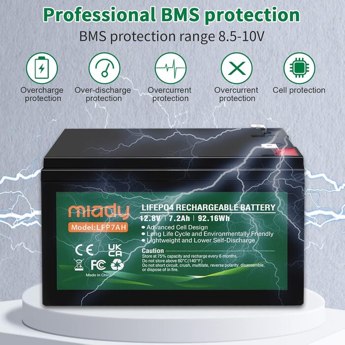 Акумулятор Miady 12V LiFePO4 із захистом BMS, 3000 циклів, не потребує обслуговування для сонячної системи, автофургонів, човнів, кемпінгу (7Ah)