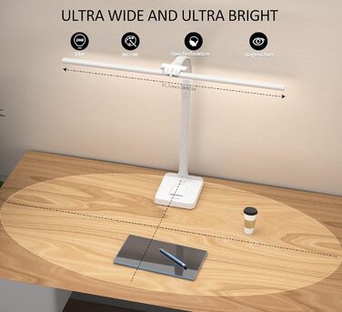 LED настільна лампа LOTTBUTY з диммуванням, 24W, 80см, для офісу та дому, з гнушим шийкою та тримачем для телефону (біла)