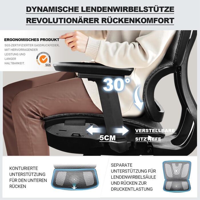 Ергономічне крісло для офісу та дому, 4D підлокітники, регулювання глибини сидіння, 4-рівневий нахил, гумові колеса, сітчасте сидіння, висока спинка, для великих людей, Homeoffice & Gaming (Сірий, сітчасте сидіння)