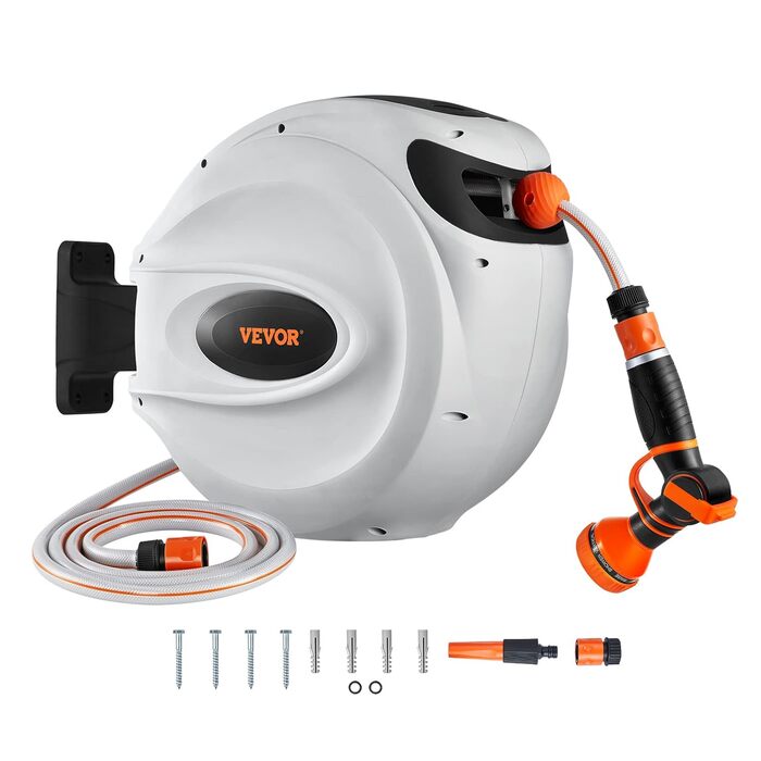 Шланг для поливу VEVOR 35 м з підключенням 12 мм з кріпленням на стіну, ручкою та автоматичним змотуванням. Комплектується розпилювачем з 9-ма режимами. Ідеально для поливу та миття автомобіля.