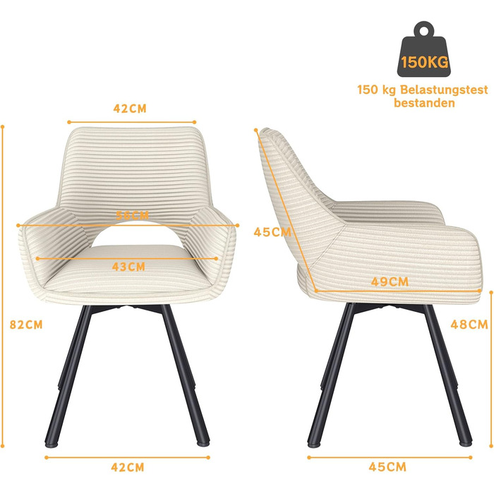 Набір обідніх стільців 4 шт. з поворотним механізмом 360°, стільці з підлокітниками на металевих ніжках, підходять для обідньої кімнати, м'які стільці з велюру, бежевого кольору