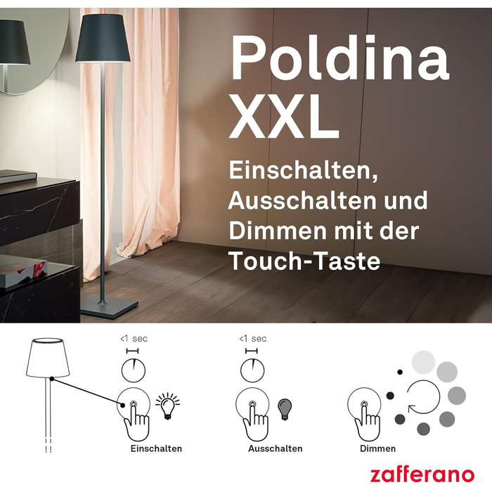 Zafferano Poldina XXL: Бездротова LED-стійка лампа з регулюванням висоти, диммер, 69-150 см, для дому та саду (темно-сірий)