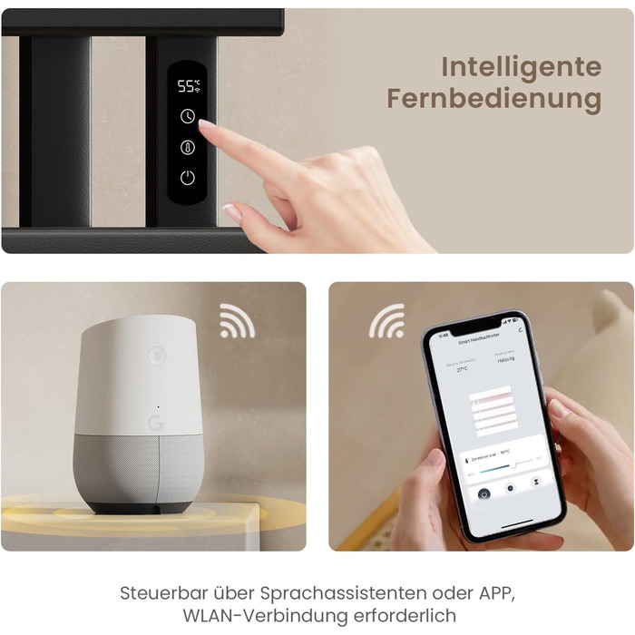 Електричний рушникосушар EMKE з Wi-Fi, 1000 x 500 мм, 320W (правий), чорний. Сумісний з Alexa та Google Home