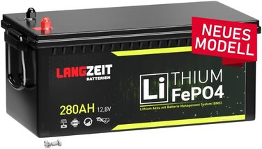 ДОВГОСТРОКОВА літієва батарея LiFePO4 280Ah 12V для автофургонів, сонячних батарей, човнів, ДБЖ, включаючи BMS, замінює 200Ah 300Ah