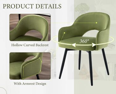 4 крісла з оксамиту для їдальні, обертаються на 360°, кухонні крісла з підлокітниками, м'які бокові крісла для дому, офісу, вітальні (53*58*78 см, зелені)