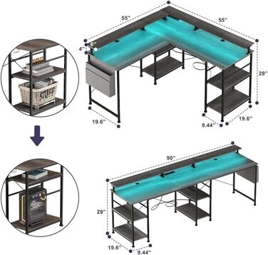 Кутовий ігровий стіл L-подібний з LED-підсвічуванням та розетками, 140x140 см, сірий, з полицями та кишеньками для дому та офісу