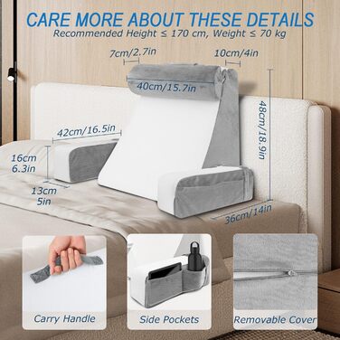 HOMCA Подушка для читання та відпочинку в ліжко та на диван з знімною подушкою для шиї та підлокітником, подушка для спини, настінна подушка, багатофункціональна подушка-клиновид для читання, роботи та перегляду телевізора (36x40x48 см)