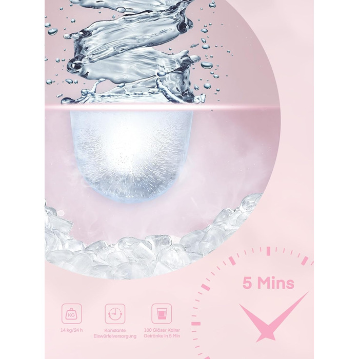 Льодогенератор Fohere 14 кг/24 год, рожевий: швидке виробництво льоду (5 хв), 2 розміри кулеподібного льоду, самоочищення, з ручкою та лопаткою для льоду