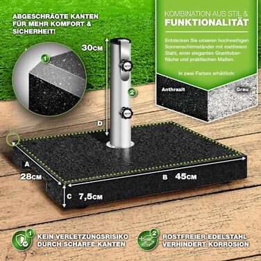 Підставка для парасольки Tillvex® Granit з роликами та ручкою для перенесення, 27 кг | Підставка для парасольки з нержавіючою сталею | Підставка для парасольки на балкон для стійок 16-48 мм та діаметром парасольки 250 см (Прямокутна, Антрацит)