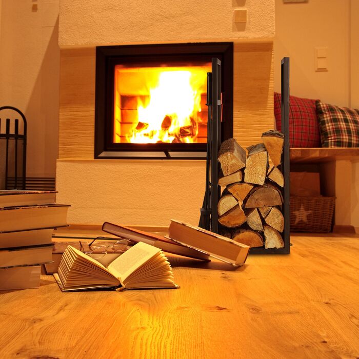 Стильна полиця для дров Relaxdays чорного кольору з місцем для столових приборів