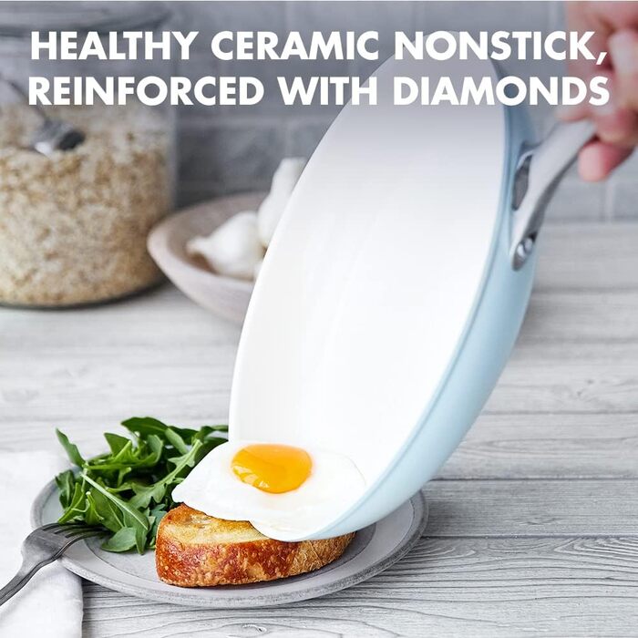 Сковорода GreenPan Padova з антипригарним покриттям Ceramic Antihaftbeschichtung, 30.5 см з кришкою та допоміжним ручками, без PFAS, придатна для миття в посудомийній машині, світло-блакитна