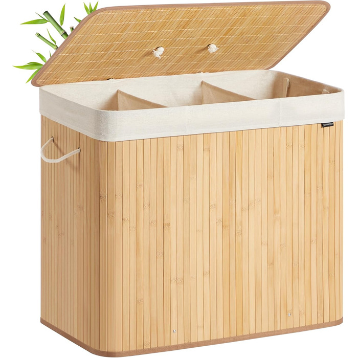 SONGMICS Кошик для білизни з кришкою, 2 відділення, бамбук, складний, знімний мішок для прання, з ручками, 170 л, для ванної кімнати, спальні, LCB014Y01