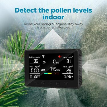 Вимірювач якості повітря Therm La Mode CF-30 зі Smart-додаток: виявлення забруднювачів, пилку, CO2, PM2.5, PM1.0, формальдегіду, температури. Великий LCD-дисплей