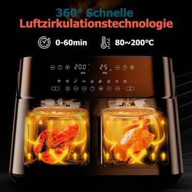 Фритюрниця повітряна 10л, 2 камери, 10-в-1, з цифровим керуванням, таймер, 40 рецептів, для 6-10 осіб