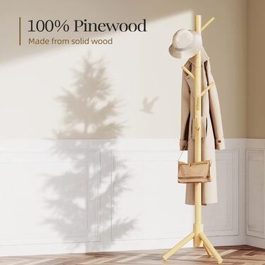 Дерев'яна вішалка для одягу Pipishell з 8 гачками, регульована по висоті, для одягу, шапок та сумок, для вітальні, спальні або офісу