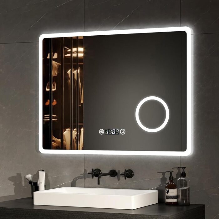 LED дзеркало для ванної кімнати EMKE 90x70 см з підсвічуванням, годинником та захистом від запотівання, IP44