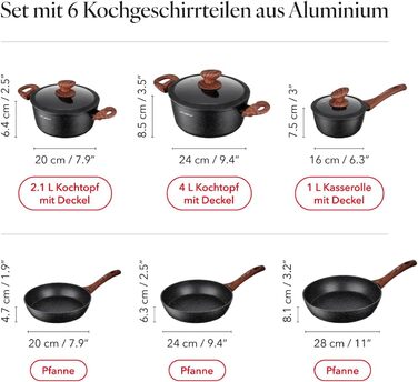 Набір посуду FLORINA MASTER BLACK 6 предметів: каструлі та сковороди з алюмінію з кришками, для індукції, газу, електроплити, кераміки. Можна мити в посудомийній машині