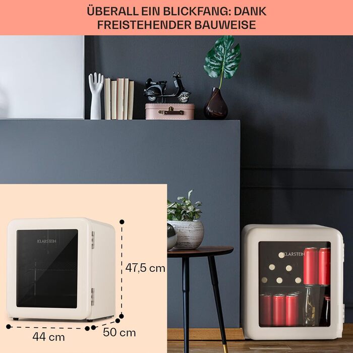 Klarstein Mini Холодильник з скляними дверцятами, 48L, для кімнати та офісу, з висувною полицею, тихий, 0-10°C, 48 літрів, Клас енергоефективності E, кремовий