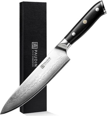 PAUDIN Profi: Ніж кухонний з лезом з нержавіючої сталі, 20 см, Дамаск, Ергономічна ручка, для професійних та аматорських кухарів, подарунок