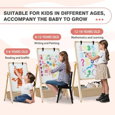 Дитяча мольберт Kinderstaffelei з двома сторонами, металева конструкція, регульована висота, обертається на 360°, дошка для малювання та письма з літерами та цифрами (жовтий)