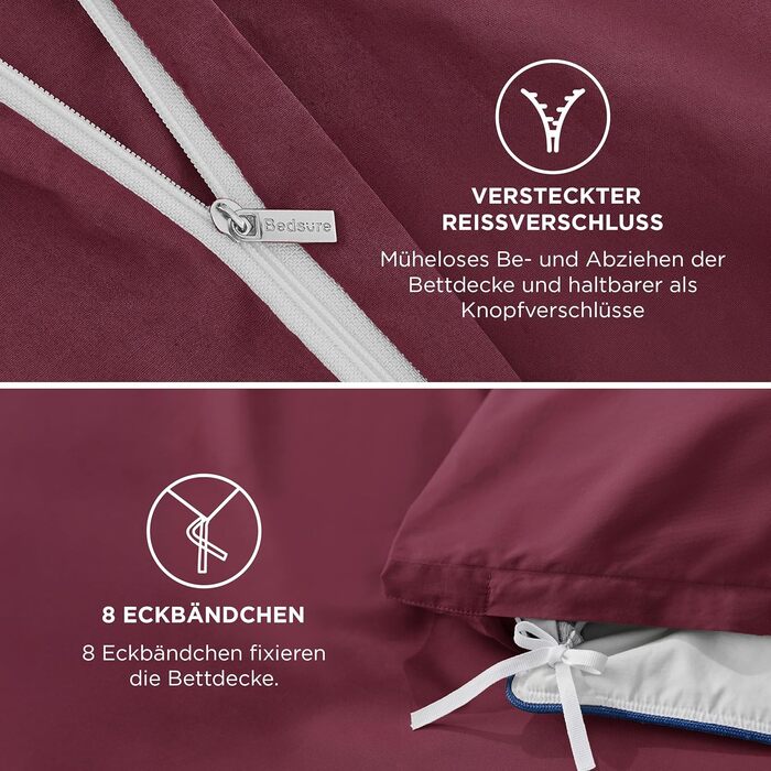 BEDSURE Комплект постільної білизни 135x200, бавовна, 4-х частинний - комплект постільної білизни, простирадло та 2 наволочки 80x80 см, Oeko-TEX, трав'яний колір з блискавкою (155 x 220 см, бордовий)