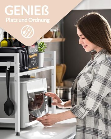 Стійка для мікрохвильової печі та кухонні полиці з нержавіючої сталі, 2-ярусна | Стійка для мікрохвильовки, полиця для зберігання, полиця для пекаря, регульована висота та довжина | З інструкцією у відеоформаті та гачками (Білий)