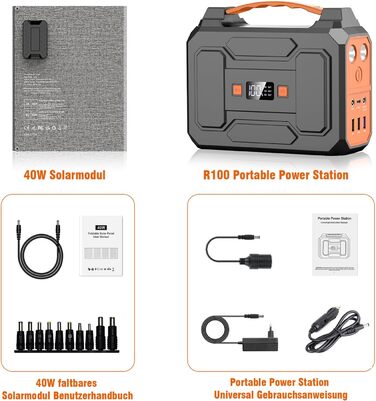 Повербанк Powkey з сонячною панеллю 99Wh/27000mAh, 40W, 100W, 230V AC, USB-A/USB-C, для кемпінгу, чорно-помаранчевий R100+YT40