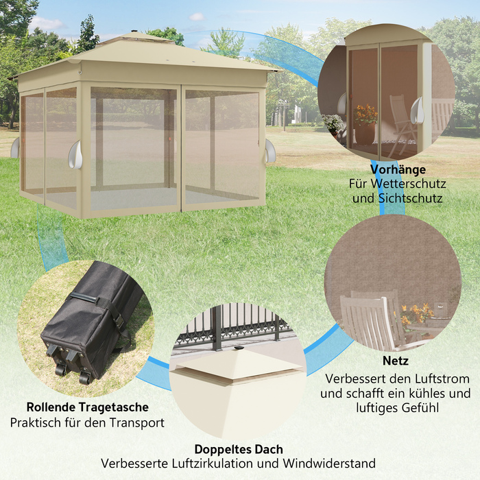 Павільйон 3,3x3,3 м Водовідштовхуючий Розкладний намет з LED-підсвіткою, подвійним дахом, москітною сіткою та 4 боковими панелями, кишеня