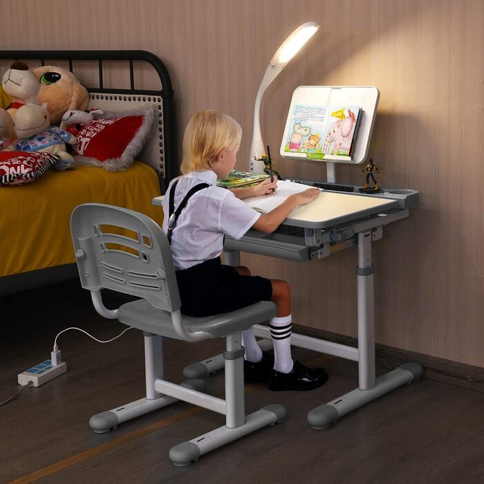 Дитячий стіл COSTWAY регулюється по висоті, учнівський стіл з лампою, дитячі меблі регулюється нахилом, дитячий стіл зі стільцем, письмовий стіл з ящиком, вибір кольору (сірий)