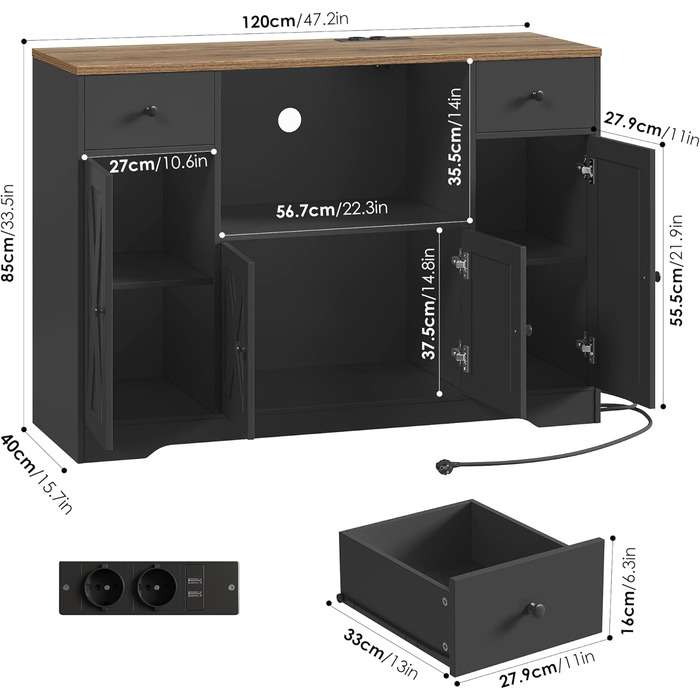 HOCSOK Комод-буфет 120 см для кухні, вітальні, їдальні. Шафа з розеткою, полицями та місцем для мікрохвильовки. 120×85×40 см, білий (чорний)