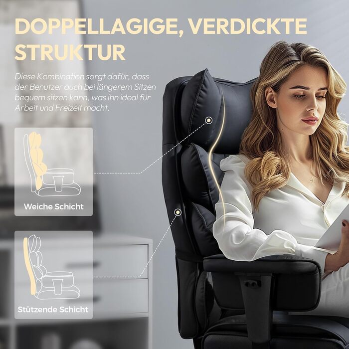 Ігровий крісло Dowinx, ергономічне з кишеньковим пружинним сидінням, крісло для начальника з м'якою спинкою та регульованою поперековою підтримкою, підлокітниками та підставкою для ніг (PU-чорний), чорний PU