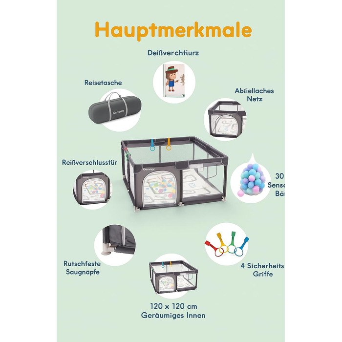Дитячий манеж-ігровий центр з матрацом, басейн з кульками (50 кульок у комплекті) та 4 ручками для тримання. Розмір 124x124 см, дихаюча сітка, матеріал 210D Oxford, колір темно-сірий.