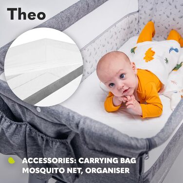 Дитяче ліжко Lionelo Theo 2в1, для подорожей та спільного сну, регулюється по висоті, включаючи матрац і москітну сітку