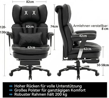 Ергономічне офісне крісло Efomao з PU шкіри для дому та офісу, 200 кг, з підставкою для ніг та підтримкою попереку, чорне