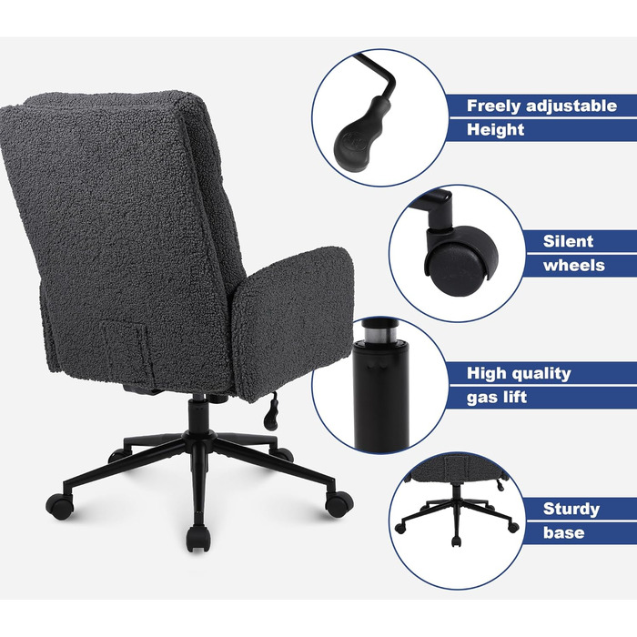 Крісло для роботи Youhauchair з кашеміру, ергономічне офісне крісло з високою спинкою, зручне крісло для туалету, обертове крісло для столу з регульованою висотою, кашемір, висока спинка (темно-сірий)