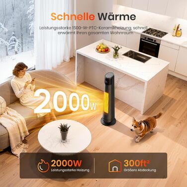 Електричний обігрівач PTC 2000W з керамічним нагрівачем, тихий, з термостатом та пультом дистанційного керування, ECO режим, 70° осциляція, 12h таймер, захист від перегріву та перекидання, чорний, 1 шт.