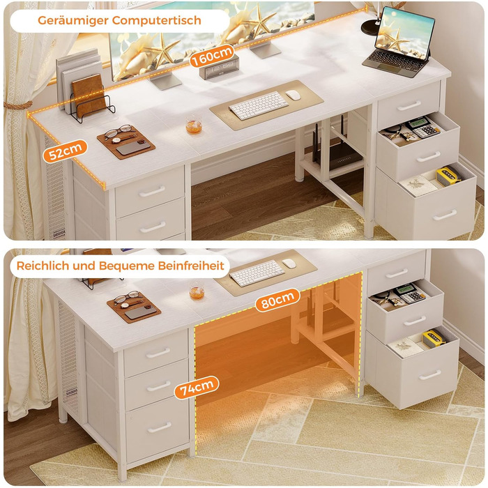 Комп'ютерний стіл Coleshome з 6 шухлядами, 160x52 см, білий для дому та офісу