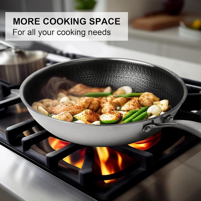 Вок RIOVARM 32 см з нержавіючої сталі з кришкою, антипригарне покриття, плоске дно, індукційні та газові плити, посудомийна машина, духовка, тришарова структура