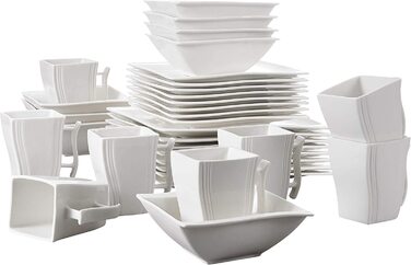 MALACASA Серія Flora – 60-елементний посуд для 12 осіб – кремово-білий порцеляновий сервіз з квадратним дизайном (тарілки, чашки, підтарілки) – придатний для миття в посудомийній машині та використання в мікрохвильовій печі, білий