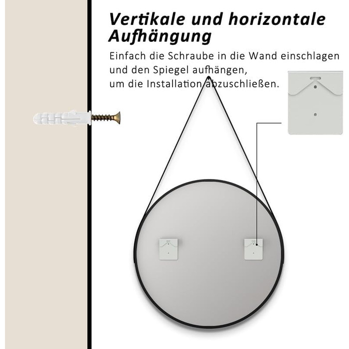 Круглий дзеркало Boromal Schwarz діаметром 40 см з реміннем, велике кругле дзеркало для ванної кімнати, спальні, вітальні, передпокою, з підвішуванням на стіну, з шкіряним реміннем