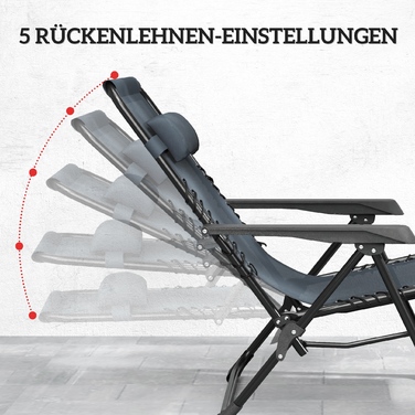 Набір із двох лежаків для відпочинку на сонце, розкладні, з регулюванням під кутом напівлежання (Zero Gravity), з підголовниками та столом-табуретом, що входить до комплекту, та двома тримачами для напоїв.