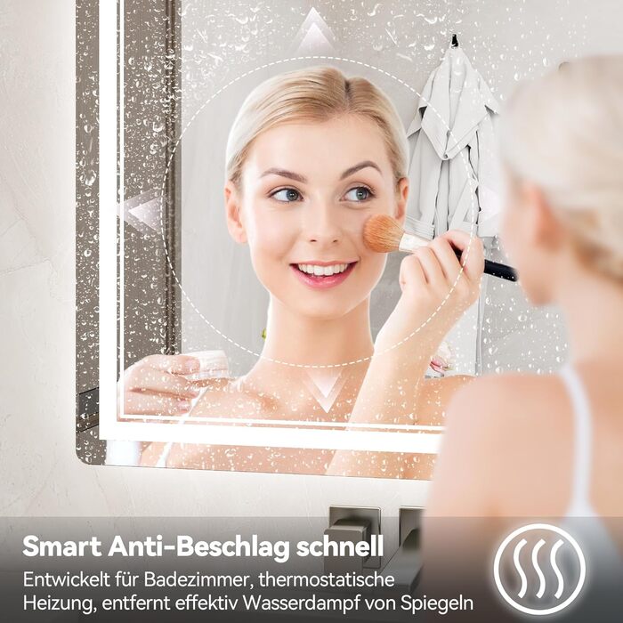 Дзеркало для ванної кімнати зі світлодіодним підсвічуванням 70x50 см, LED Smart дзеркало, антизапар, 3 кольори, регулювання яскравості, горизонтальне/вертикальне кріплення