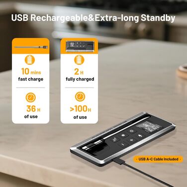 Цифровий термометр для м'яса – миттєве відображення температури, бездротовий, з двома датчиками, Bluetooth, водонепроникний IP67, для гриля та приготування їжі