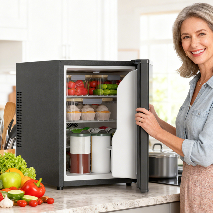 Міні-холодильник на 44 літри / для 46 банок. Компактний холодильник з регульованою температурою, розміри 43 x 51 x 51,3 см, чорного кольору.