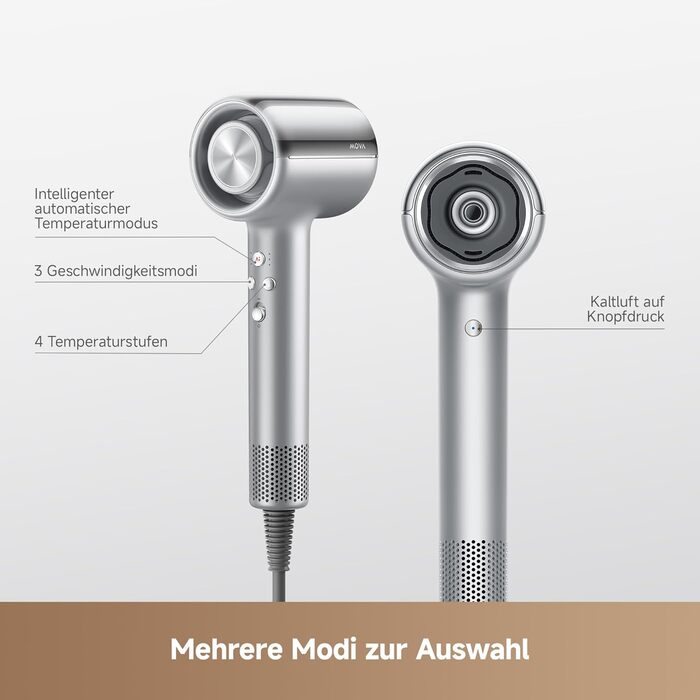 Фен для волосся MOVA Shine 20 з дифузором, високошвидкісним мотором та плазмою для догляду, NTC-контролем температури, сріблястий